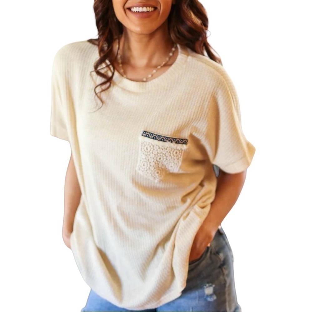 CROOKED MEADOW BOUTIQUE Short Sleeve Lace Pocket Shirt - Size Large